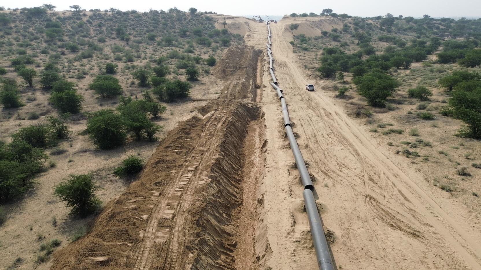 Aerial view of cross-country pipeline trenching through Tharparkar terrain
