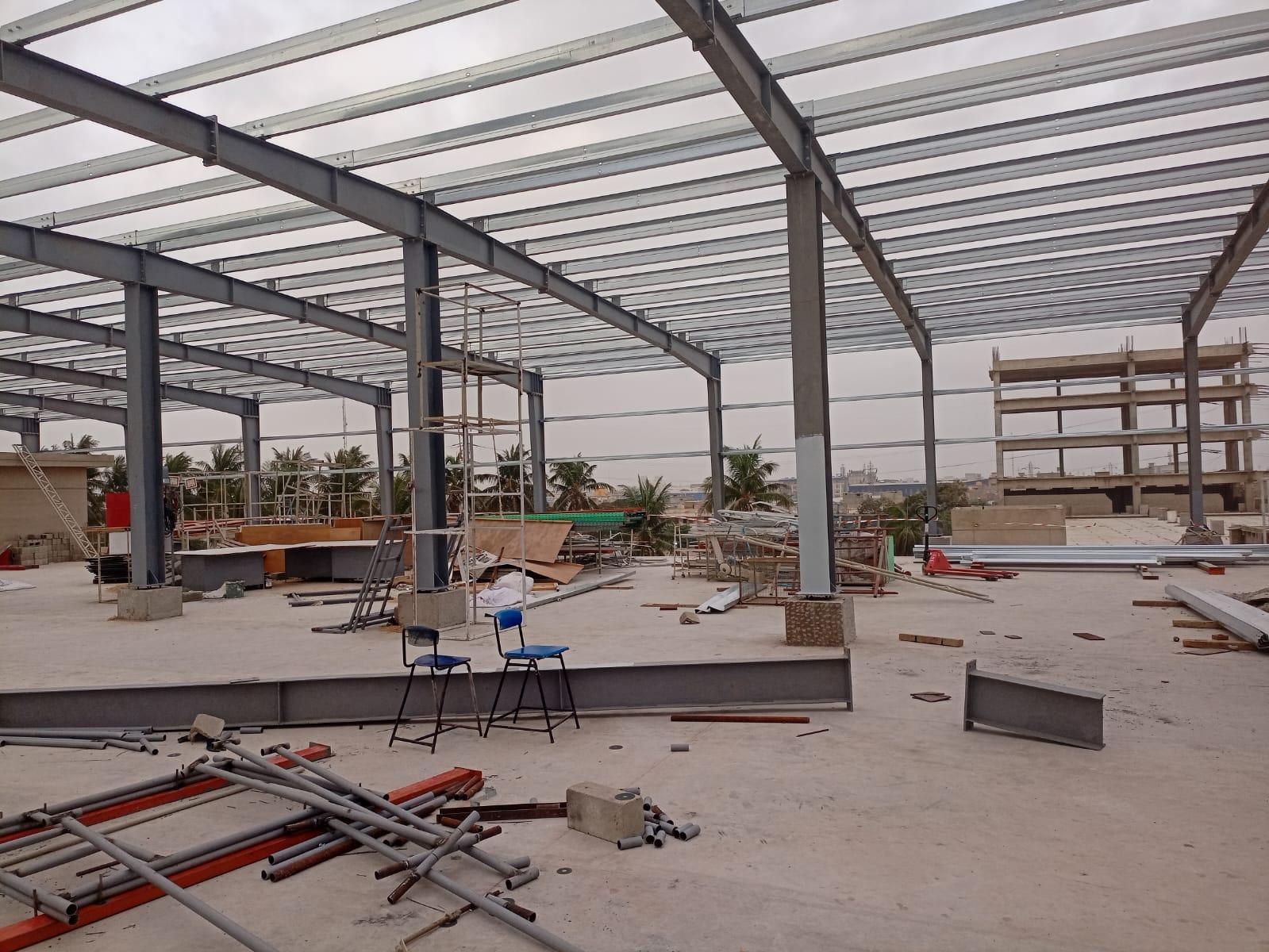 Completed structural steel building frame under construction